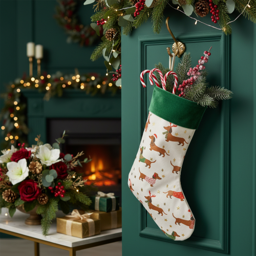 Julestrømpe med gravhundmotiv, 50 cm | Floristik24.dk