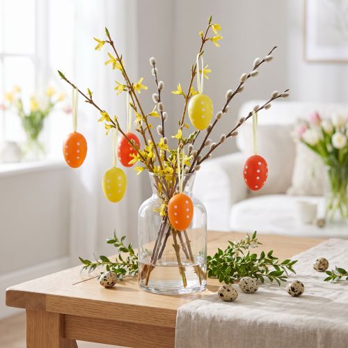 Mini påskeæg til ophængning af prikket gul, rød, orange H4cm 24 stk | Floristik24.dk