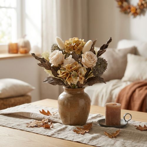 Kunstig blomsterbuket, rose, hortensia, tørt look, vintage dekoration, 38 cm | Floristik24.dk