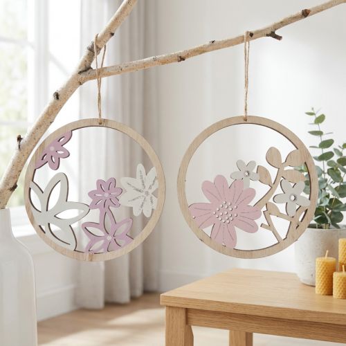 Artikel Dekorativ bøjle træblomster naturhvid lilla glitter Ø12cm 6 stk