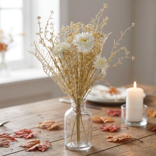 Kunstig buket af asters og babyånde i beige og hvid, perfekt til bryllupsdekorationer og efterårsarrangementer, 43 cm | Floristik24.dk