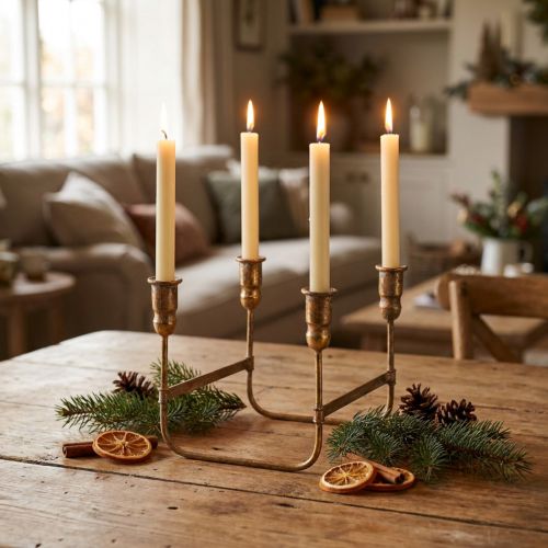 Antik pind lysestage til 4 lys guld 18×18cm H16,5cm | Floristik24.dk