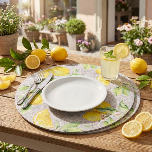 Artikel Dækkeservietter Runde Grå Filt Sommer Citron 31cm 2 stk