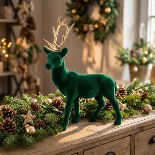 Hjorte stående deco figur grøn guld borddekoration advent 27cm | Floristik24.dk