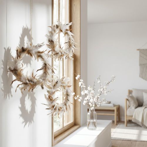 Krans af fjer deco fjer natur vinduesdekoration Ø20cm 3stk | Floristik24.dk