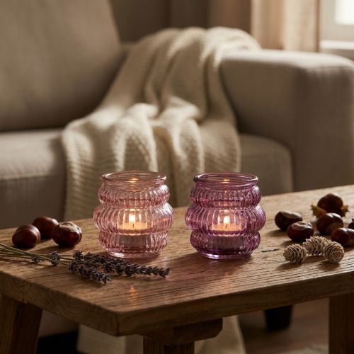 Fyrfadsstage glas dekoration lilla pink Ø7,5cm H7,5cm 2stk | Floristik24.dk