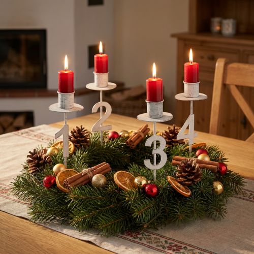 Artikel Lysestage advent med torn og tal hvid H11cm 4 stk