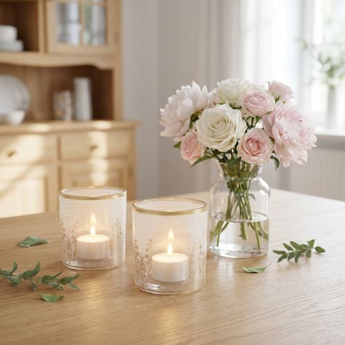 Glas fyrfadsstage med blomstermønster, Ø8 cm H9 cm, 2 stk. | Floristik24.dk