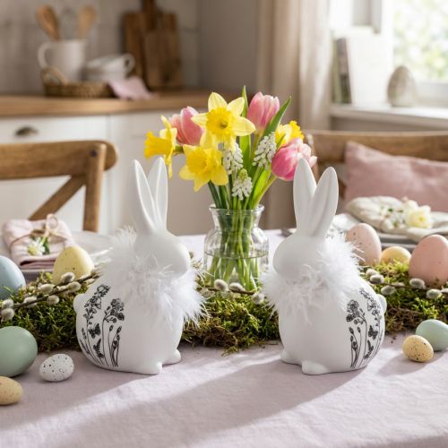 Keramik Kanin Hvide Sidde Blomster Fjer 9×7×14cm 2stk | Floristik24.dk