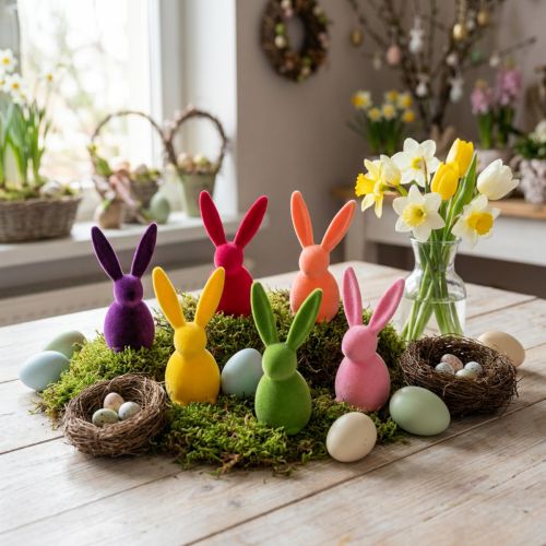 Flokket kanin, farverig, 13 cm høj, assorteret, 6 stk. | Floristik24.dk
