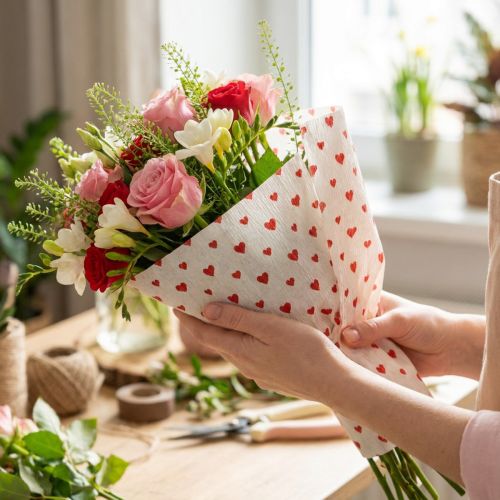 Crepepapir med hjerter Blomsterhandler Crepe Mors Dag Rød, Hvid 50×250cm | Floristik24.dk