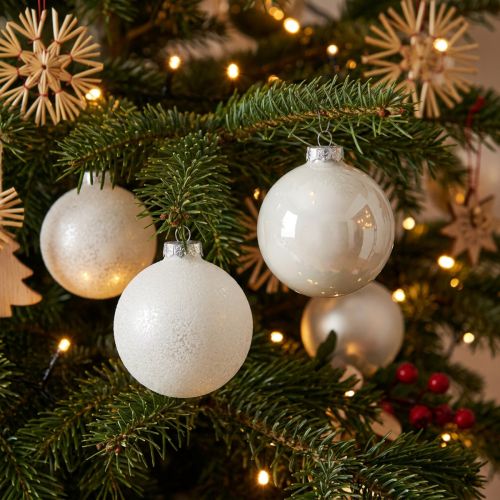 Snekugle, trævedhæng, juletræsdekoration, vinterdekoration hvid H6,5cm Ø6cm ægte glas 24 stk. | Floristik24.dk