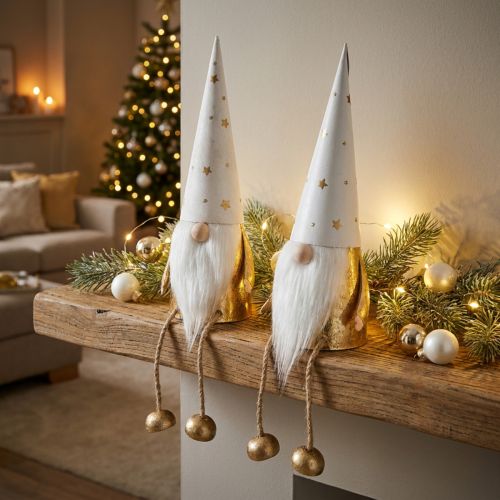 Nisse juledekorationsfigur hvid, guld Ø6,5cm H22cm 2 stk | Floristik24.dk