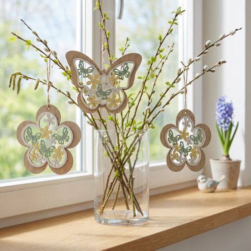 Sommerfugl til at hænge, trævedhængsblomst, forårsdekoration med glitter H11/14,5 cm 4 stk. | Floristik24.dk