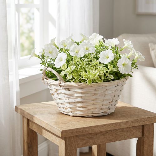 Artikel Kurv med hanke, spånkurv, plantekurv, hvid, vintage, dekorativ, Ø35 cm