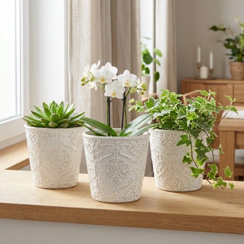 Plantekasse Keramisk Plantepotte Hvid Ø11cm H11cm 3stk | Floristik24.dk