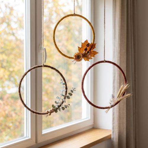 Artikel Dekorativ farvet ring, juteløkke, gul, okker, brun, Ø20 cm, 9 stk.