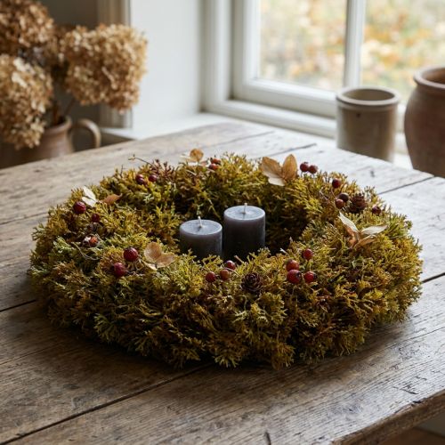 Dekorativ kunstmoskrans med bøjle brungrøn Ø30cm | Floristik24.dk