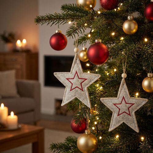 Filtstjerner til juletræet, beige og rød, 13 cm, sæt med 6. | Floristik24.dk