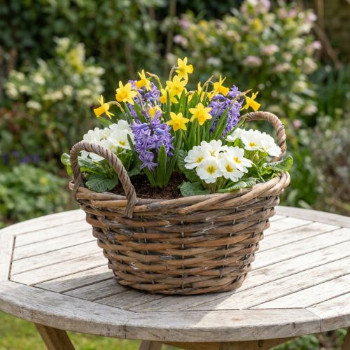 Blomsterdekoration, trækurv med hanke, naturlig plantekasse, hvidvasket H12cm Ø24cm | Floristik24.dk