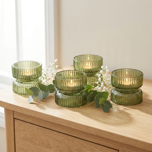 Glas fyrfadsstager, dekorative, ribbede, grønne, Ø9 cm, H7 cm, 4 stk. | Floristik24.dk