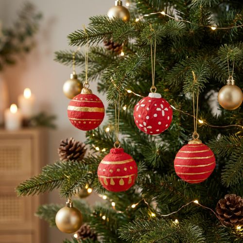 Røde hængende julekugler af papmaché 5,5 cm sæt med 4 | Floristik24.dk