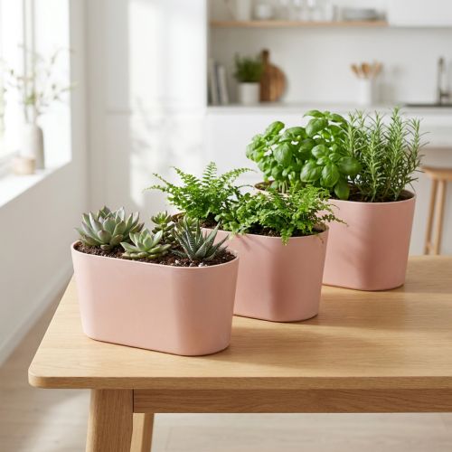 Artikel Planteskål oval pynteskål plast lyserød brun 20×10×11cm 3stk