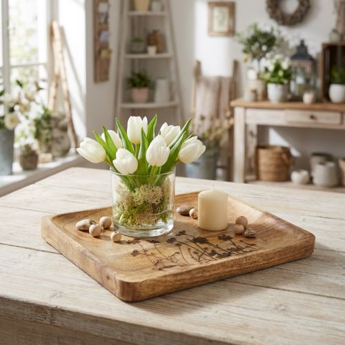 Dekorativ bakke lavet af mangotræ med blomstermønster, bakke 25×20 cm | Floristik24.dk