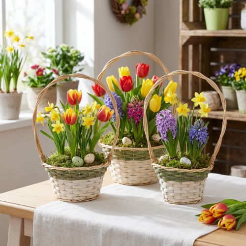 Blomsterkurv Henkel Naturgrøn Grå Hvid Ø18–26cm Sæt med 3 | Floristik24.dk