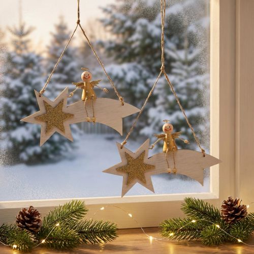 Engel på stjerneskud, juledekoration til at hænge, adventshvid, gylden H13cm B21,5cm 2stk | Floristik24.dk