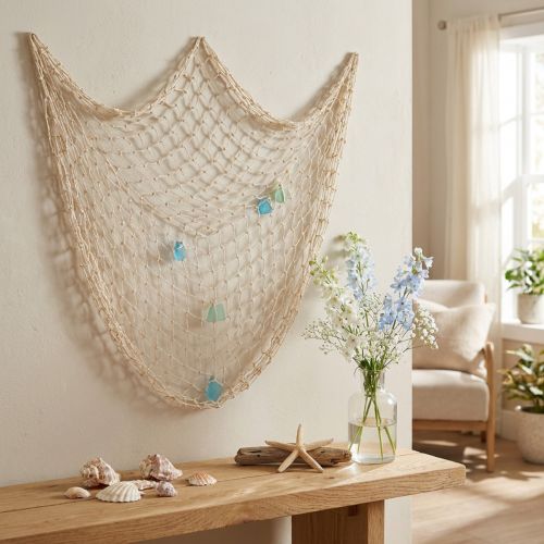 Maritimt fiskenet, dekorationsnet med skaller 100×120cm | Floristik24.dk
