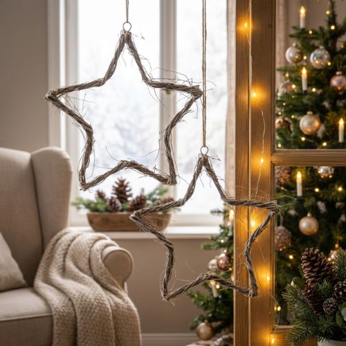 Julepynt stjerne vinduesdekoration vasket hvid elm Ø40cm 2stk | Floristik24.dk