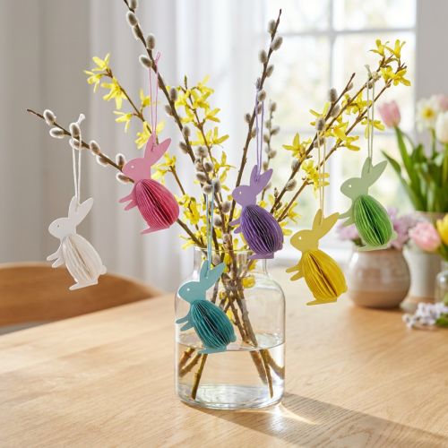 Honeycomb påskeharer stående til ophæng farvede 5×3×8cm 6stk | Floristik24.dk