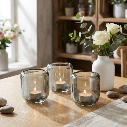 Glasfyrfadsstager i grå med ribbet design, 8 cm, 6 stk. | Floristik24.dk
