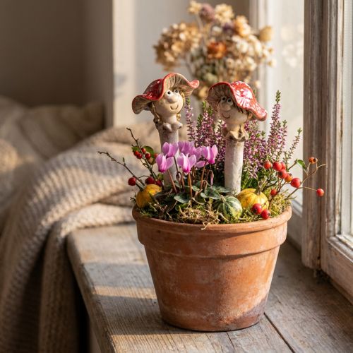 Artikel Dekorativ figur af svampeprop, pige og dreng, fluesvamp med ansigt, 13 cm, 2 stk.