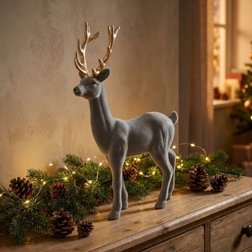 Dekorativ hjorte dekorativ figur dekorativ rensdyr flokket grå H37cm | Floristik24.dk