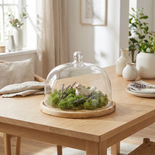 Glaskuppel med træplade dekoration ostekuppel Ø22cm H16,5cm | Floristik24.dk