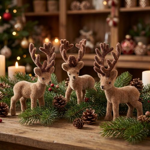 Deco hjort mini brun flokket 11cm 6 stk | Floristik24.dk