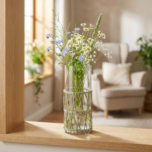 Glasvase cylinder flettet græsser dekorativ vase Ø8cm H21,5cm | Floristik24.dk