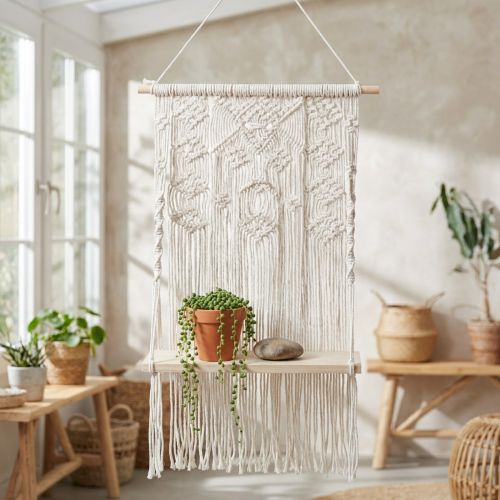 Artikel Boho Macrame planteophæng, hængende dekoration, vinduesdekoration med blomstergyngebræt, 40x15cm, i naturhvid