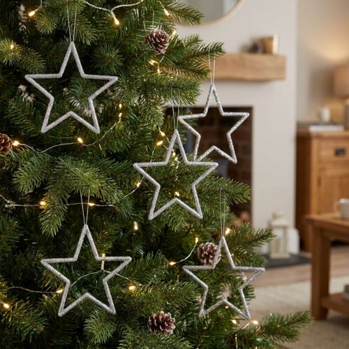 Juledekorationsstjernevedhæng, sølvglimmer, 12 cm, 12 stk., juletræspynt, juletræspynt | Floristik24.dk