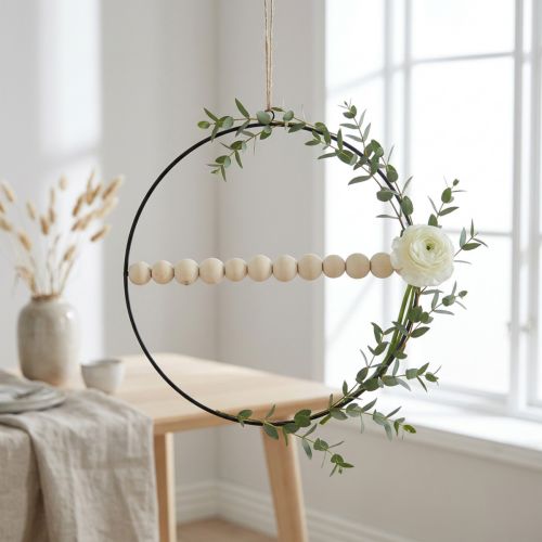 Artikel Dekorationsring, metal, træperler, Ø30 cm, sort, hvid, naturlig, sæt med 4