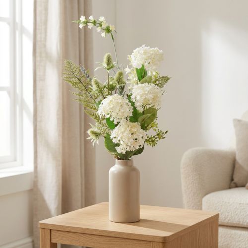 Kunstig blomsterbuket: sneboldbusk, vild teasel, bregne, 65 cm - dekoration, naturligt look, nem pleje | Floristik24.dk