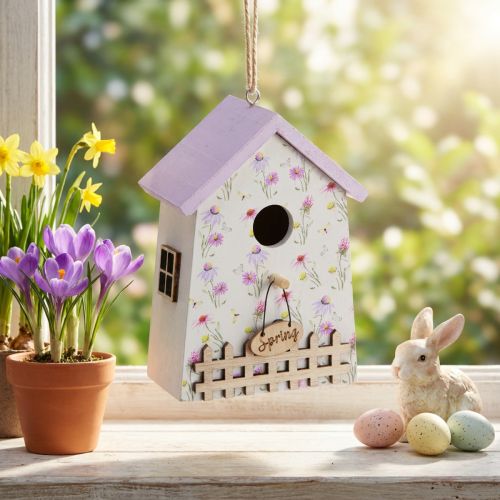 Forårsdekoration Fuglehus Lilla Hvid H11cm 3 Stk | Floristik24.dk