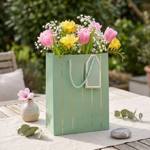 Gavepose lysegrønne gyldne striber 18×10×23cm 1 stk | Floristik24.dk