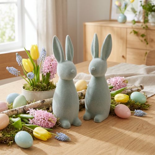 Dekorativ påskehare, flokket, grågrøn, H29,5 cm, 2 stk. | Floristik24.dk