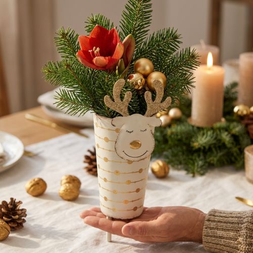 Rensdyrplantekrukke, adventsdekoration, metaldekoration, plantekasse til jul hvid, gylden H28cm Ø8,5cm | Floristik24.dk