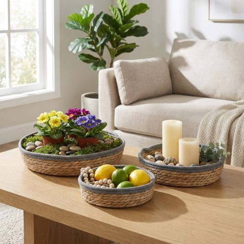 Rundt bakkesæt, natur, flettede planteskåle og dekorativ bakke, 3-delt sæt Ø33/30/25cm H8/7cm | Floristik24.dk