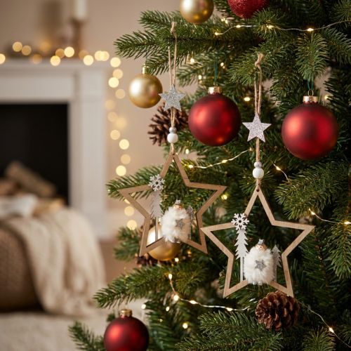 Juledekoration stjerne træ deco bøjle Ø13,5cm 4stk | Floristik24.dk
