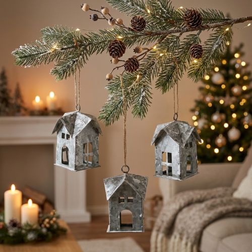 Artikel Julepynt, metalhus, shabby chic, hvid, 9,5 cm høj, 3 stk.